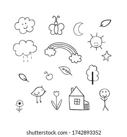 Children's vector cartoon Doodle illustration drawn by hand. Contour black and white clipart.  Set of graffiti for textiles, covers, stickers, clothes, coloring books