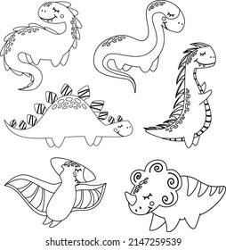 Children's vector coloring book. Cute little dinosaur. Children's coloring book. Black and white dragon