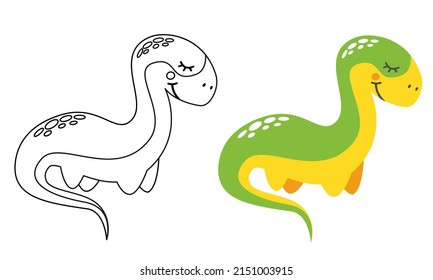 Children's vector coloring book. Cute little dinosaur. Children's coloring book. Black and white dragon. Black and white and colored picture 