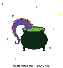 Children's vector drawing. Witch's potion. Octopus tentacle being cooked in a cauldron for halloween