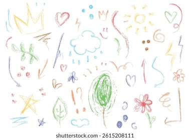 Children's vector game illustration with colorful drawings, hearts, stars and elements of nature. For creative design, educational materials, or fun branding. Crayon drawing