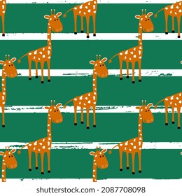 Girafa vectorial infantil sobre fondo de rayas turquesas, texturada. Caricatura animales lindos, tarjetas e invitaciones.
