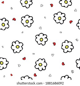 children's vector graphics for printing to typography. Patterns for diapers, wallpapers, fabrics, gift wraps.  white chamomile with red hearts.