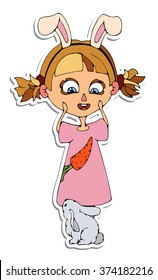 Children's vector illustration of character.Funny bunny girl surprised to see real rabbit