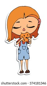 Children's vector illustration of character.Little girl in overalls is eating a cookie