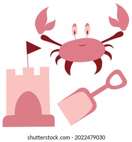 Children's vector illustration of a crab, a sand castle and a toy sand shovel. Painting in pink and red tones for printing. 