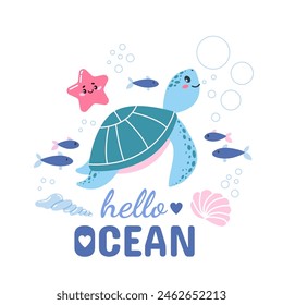 Ilustración vectorial de los niños con una tortuga de dibujos animados lindo y la inscripción - Hello Ocean. Animales marinos, vida submarina. Ilustración vectorial en estilo dibujado a mano para su diseño