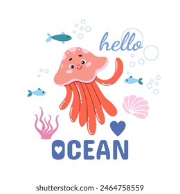 Eine Vektorillustration für Kinder mit einer niedlichen Cartoon-Qualle und der Inschrift - Hello, Ocean. Meerestiere, Unterwasserleben. Vektorillustration im handgezeichneten Stil für Ihr Design