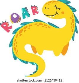 Children's vector illustration. Cute dinosaur and Roar littering. Illustration for print on children's clothing.