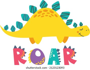 Children's vector illustration. Cute dinosaur and Roar littering. Illustration for print on children's clothing. Little stegosaurus.