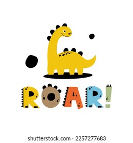 Children's vector illustration. Cute dinosaur and Roar littering. Illustration for print on children's clothing. Little stegosaurus.