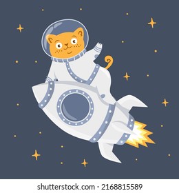 Kindervektorgrafik. Eine schlanke Ingwer Katze in einem Astronautenkostüm, der auf einer Rakete fliegt. Rakete, die ins All fliegt 