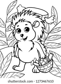 Children's vector illustration of a cute hedgehog with a basket of sweets. Page for children coloring.