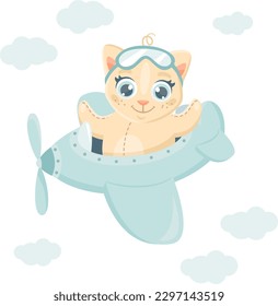 Children's vector illustration. Cute kitten flying on an airplane. Kitten in pilot's glasses. 