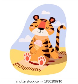 Children's vector illustration of a cute tiger cub sunbathing on the beach with ice cream in cartoon style. year of the tiger