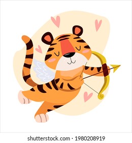 Children's vector illustration of a cute tiger cub angel cupid with bow and arrow in cartoon style. year of the tiger Valentine's Day. The 14th of February. greeting card. postcard