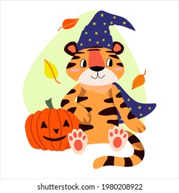 Children's vector illustration of a cute tiger cub dressed as a wizard with a pumpkin.  Halloween in cartoon style. year of the tiger