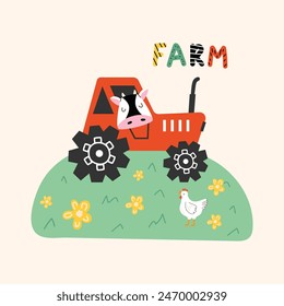 Children's vector illustration with cute tractor and cow. Farm lettering in the hand drawn style. Print for kids clothes. Farm theme. 
