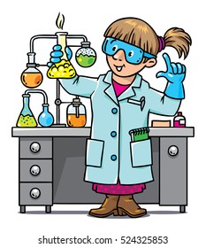 Childrens vector illustration of funny chemist or scientist. A woman in glasses dressed in a lab coat and gloves with smocking retort. Profession series.