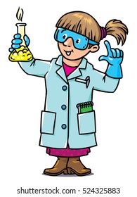 Childrens vector illustration of funny chemist or scientist. A woman in glasses dressed in a lab coat and gloves with smocking retort. Profession series.