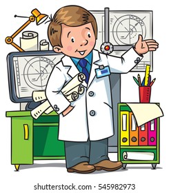 Childrens vector illustration of funny engineer or inventor. A man in coat with drawings showing by hand. Profession ABC series.