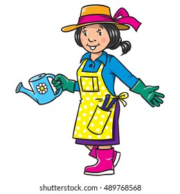 Children's vector illustration of funny gardener. Woman in gloves, hat and watering can tending the flowers in the garden. Profession series.
