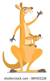 Childrens vector illustration  with funny mother kangaroo and kangaroo baby jin the pouch, waving by hand