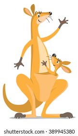 Childrens vector illustration  with funny mother kangaroo and kangaroo baby in the pouch, waving by hand