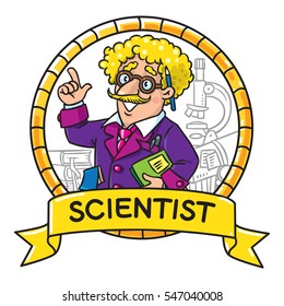Childrens vector illustration of funny scientist or inventor. A man in glasses and suit with books, folders, microscope and telescope raised index finger. Profession ABC series. Emblem