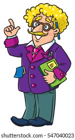 Childrens vector illustration of funny scientist or inventor. A man in glasses and suit, raised index finger. Profesion ABC series.