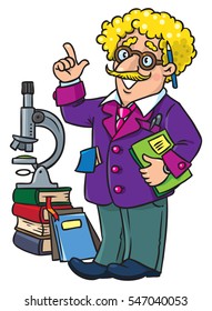 Childrens vector illustration of funny scientist or inventor. A man in glasses and suit with books, folders and microscope raised index finger. Profesion ABC series.