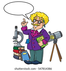 Childrens vector illustration of funny scientist or inventor. A man in glasses and suit with books, folders, microscope and telescope raised index finger. Profession ABC series. With balloon for text