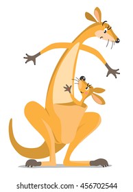 Childrens vector illustration with funny surprised mother kangaroo and kangaroo baby in the pouch, waving by hand