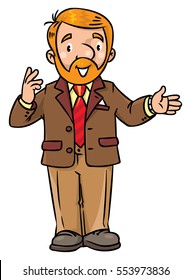 Childrens vector illustration of funny university lecturer or teacher. A man with a beard is giving a lecture or lesson or tells something. Profession series.