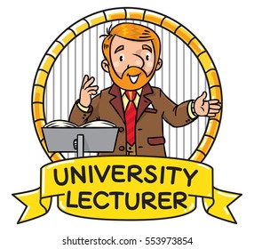 Childrens vector illustration of funny university lecturer. A man with a beard is giving a lecture or lesson, or tells something, near the stand for book. Profession series. Emblem