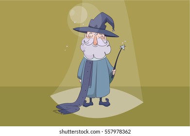 childrens vector illustration. Good wizard holding a magic wand in his hand and smiling on yellow background