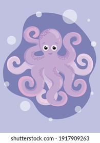 Children's vector illustration with the image of a cute purple sea octopus.