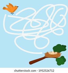 children's vector illustration with a logic game, find the way to the bird's nest by drawing a line. Handwriting practice