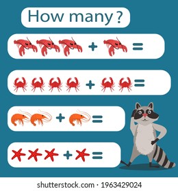 children's vector illustration with a math game. Count how many marine animals are shown in the picture.