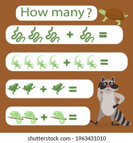 children's vector illustration with a math game. Count how many reptiles are shown in the picture and write down the result