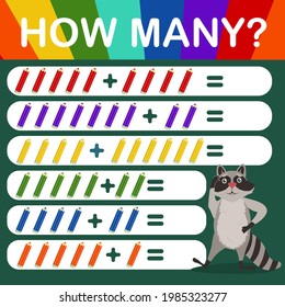 children's vector illustration with a math game. Count how many colorful pencils are shown in the picture and write the result 