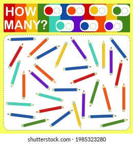 children's vector illustration with a math game. Count how many colorful pencils are shown in the picture and write the result 