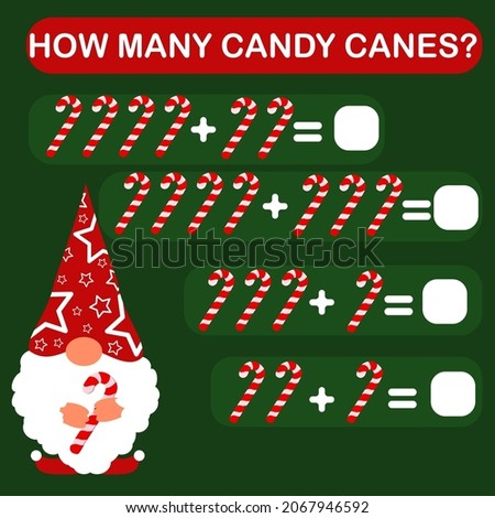 children's vector illustration on a Christmas theme. Count how many candy canes are on the picture. Math tasks with Santa gnome