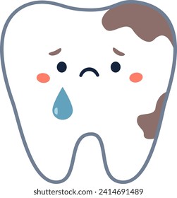 Children's vector illustration. Sad tooth crying, affected by caries 