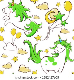 
children's vector illustration. seamless pattern. unicorns in the sky