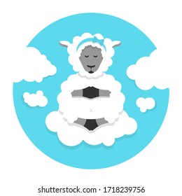 Children's vector illustration sheep in the clouds for books, apps, websites. Cute sheep meditates.