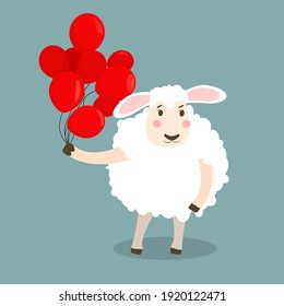 children's vector illustration of a sheep with red inflatable balls in its hand