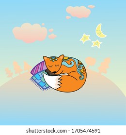 Children's vector illustration of a sleeping fox. Fox in a flat style on a colorful romantic background