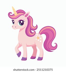 Children's vector illustration of a unicorn in pink shades, ideal for playful and enchanting design projects