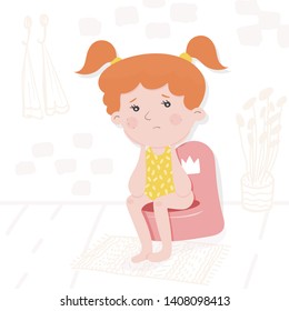 Childrens vector illustration. An upset child is sitting on the baby toilet. The element of growing children. Sad little girl.